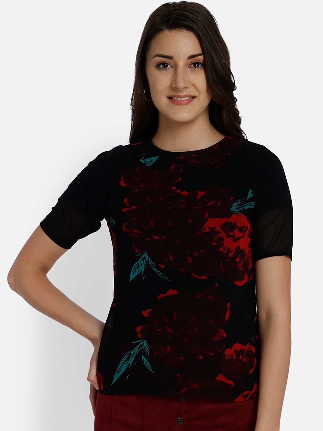 

Yaadleen Black Floral Peter Pan Collar Georgette Regular Top