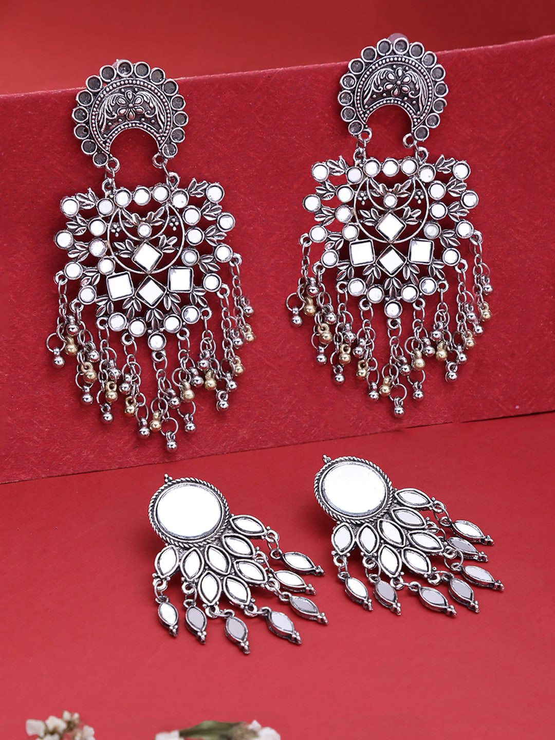 

Yellow Chimes Set Of 2 Oxidized Silver-Plated Afghan Handcrafted Mirror Drop Earrings