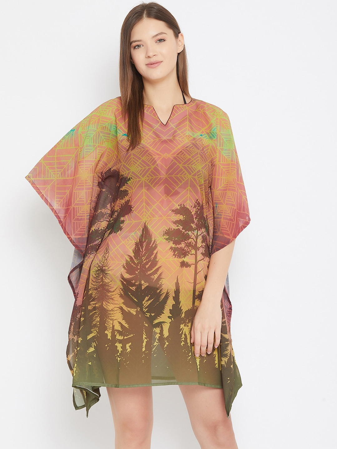 

The Kaftan Company Women Brown & Green Printed Kaftan Cover-Up Dress
