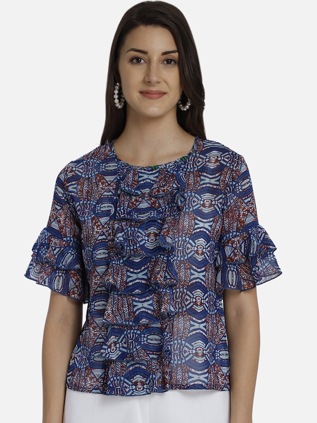 

Yaadleen Blue & Red Printed Bell Sleeves Crepe Regular Top