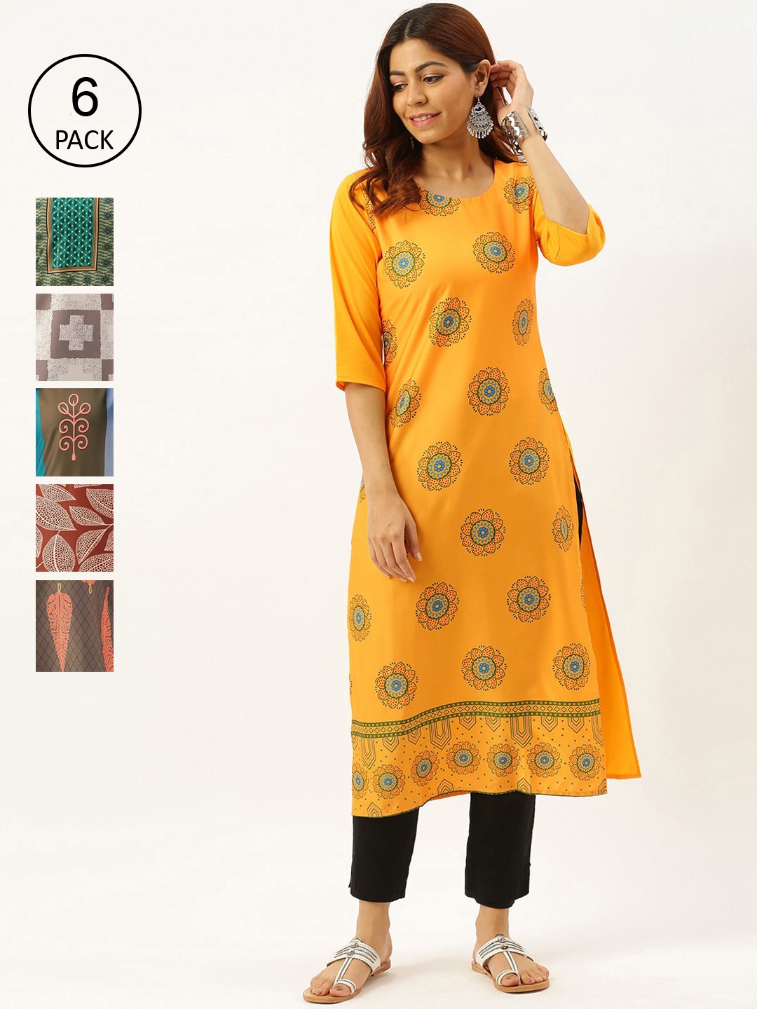 

7Threads Women Pack of 6 Multicoloured Ethnic Motifs Printed Crepe Kurta, Multi