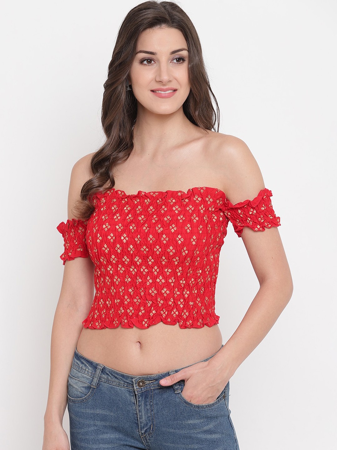 

Aawari Red Off-Shoulder Bardot Crop Top
