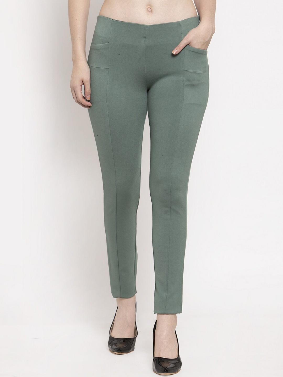 

Prag & Co Women Green Solid Cotton Treggings
