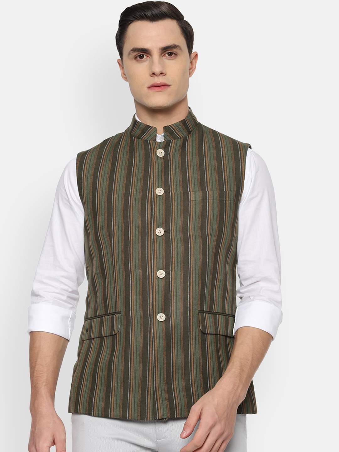 

Louis Philippe Men Green Striped Waistcoat