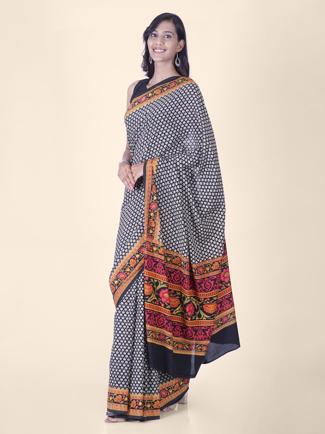

Hastakala Black & Mustard Poly Crepe Printed Poly Crepe Handloom Banarasi Saree