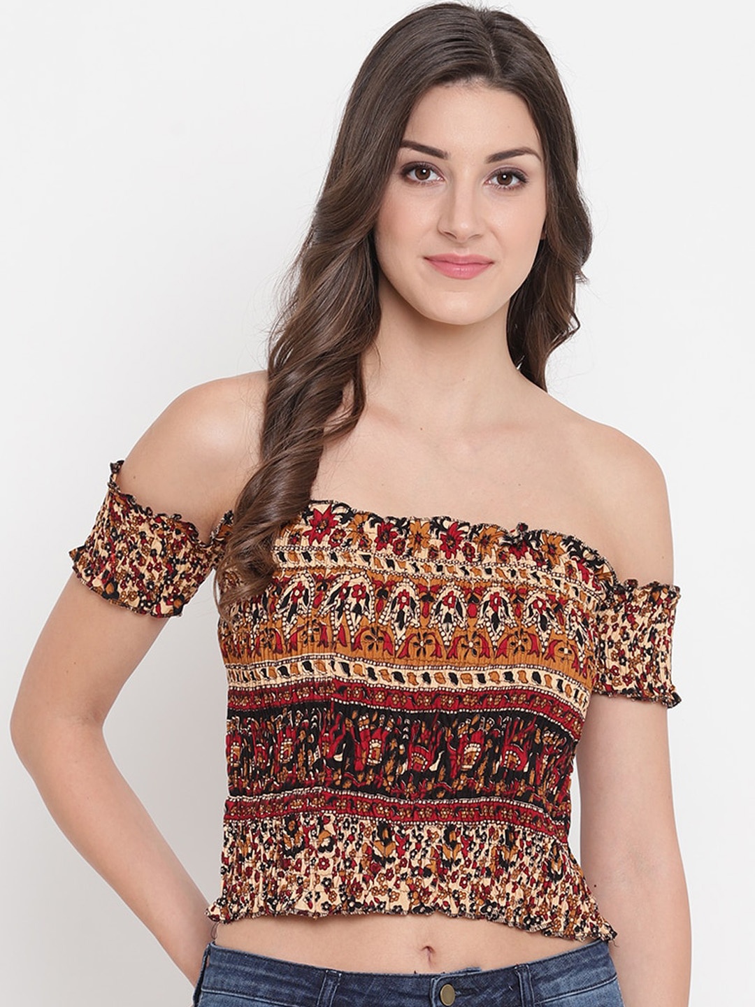 

Aawari Maroon Printed Off-Shoulder Bardot Crop Top