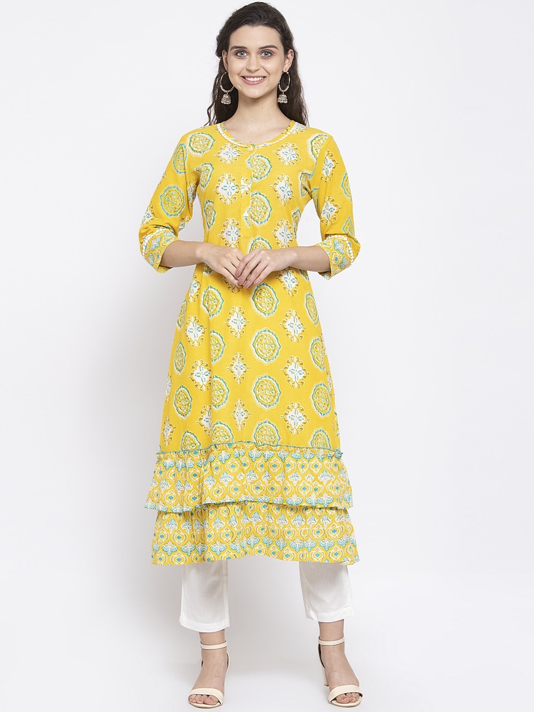 

Indibelle Women Yellow Printed Kurta