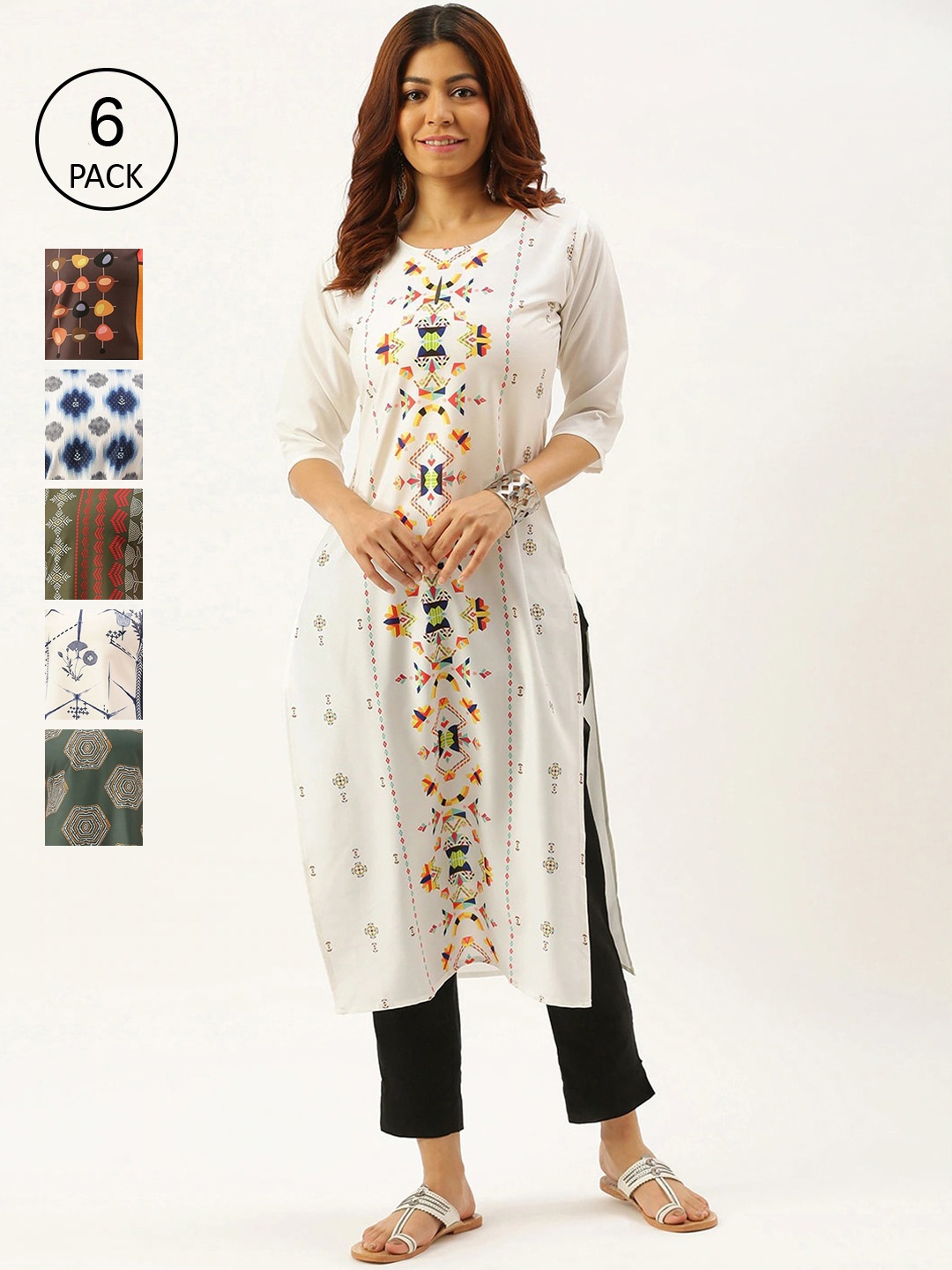 

7Threads Women Pack of 6 Multicoloured Floral Printed Crepe Kurta, Multi