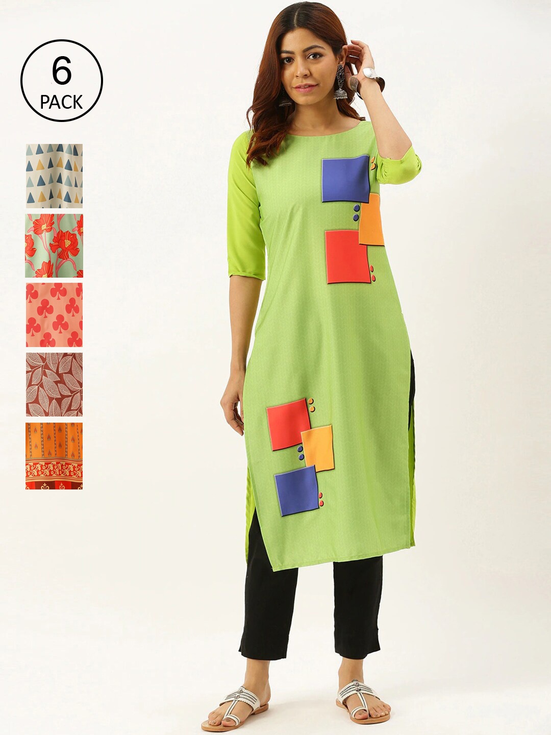 

7Threads Women Pack Of 6 Multicoloured Printed Crepe Kurtas, Multi