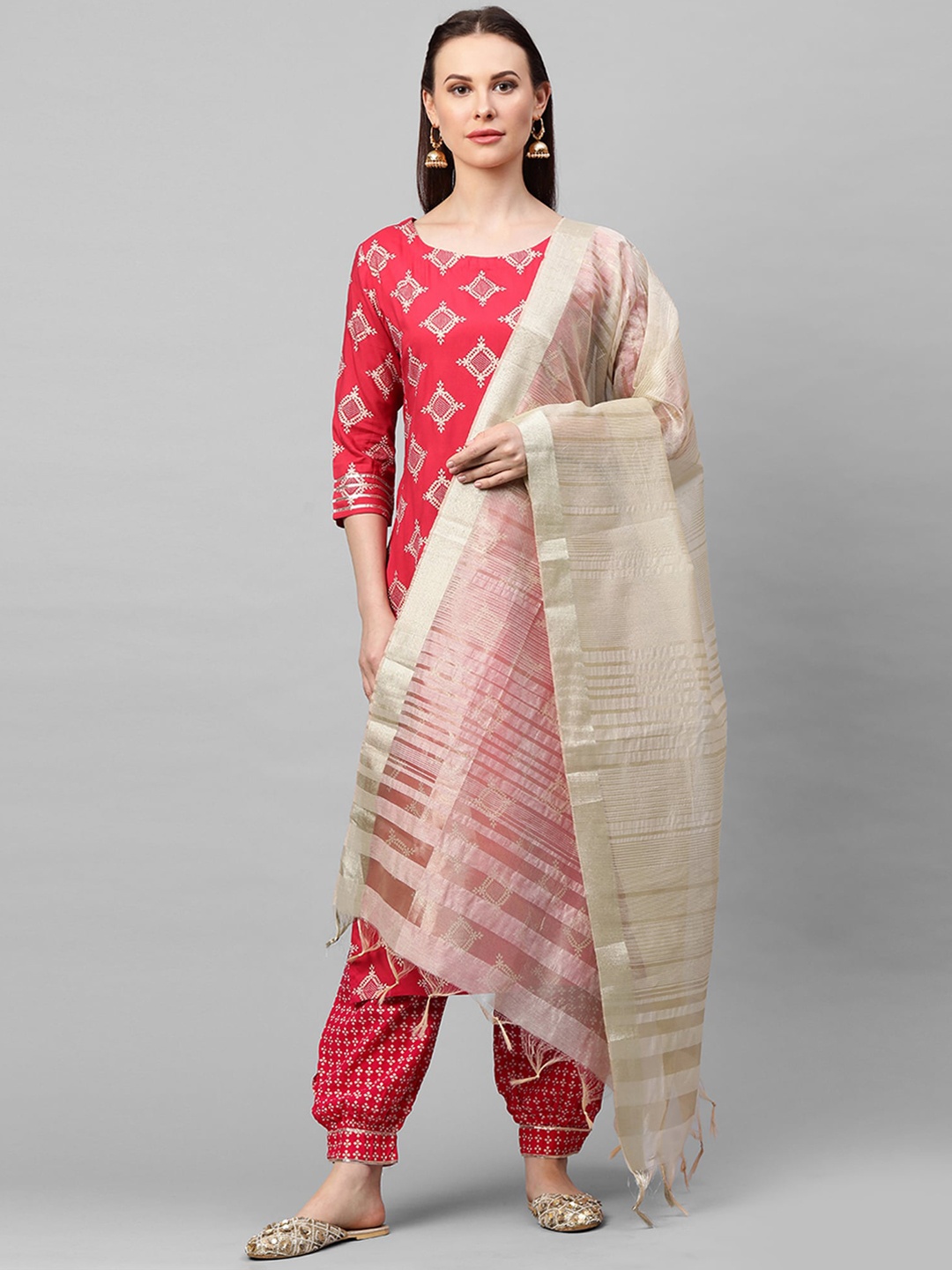 

Indo Era Women Pink & White Printed Kurta with Salwar & Dupatta