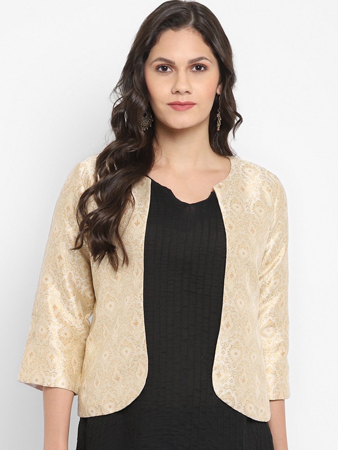 

Hangup Women Beige Self Design Lightweight Jacquard Open Front Jacket