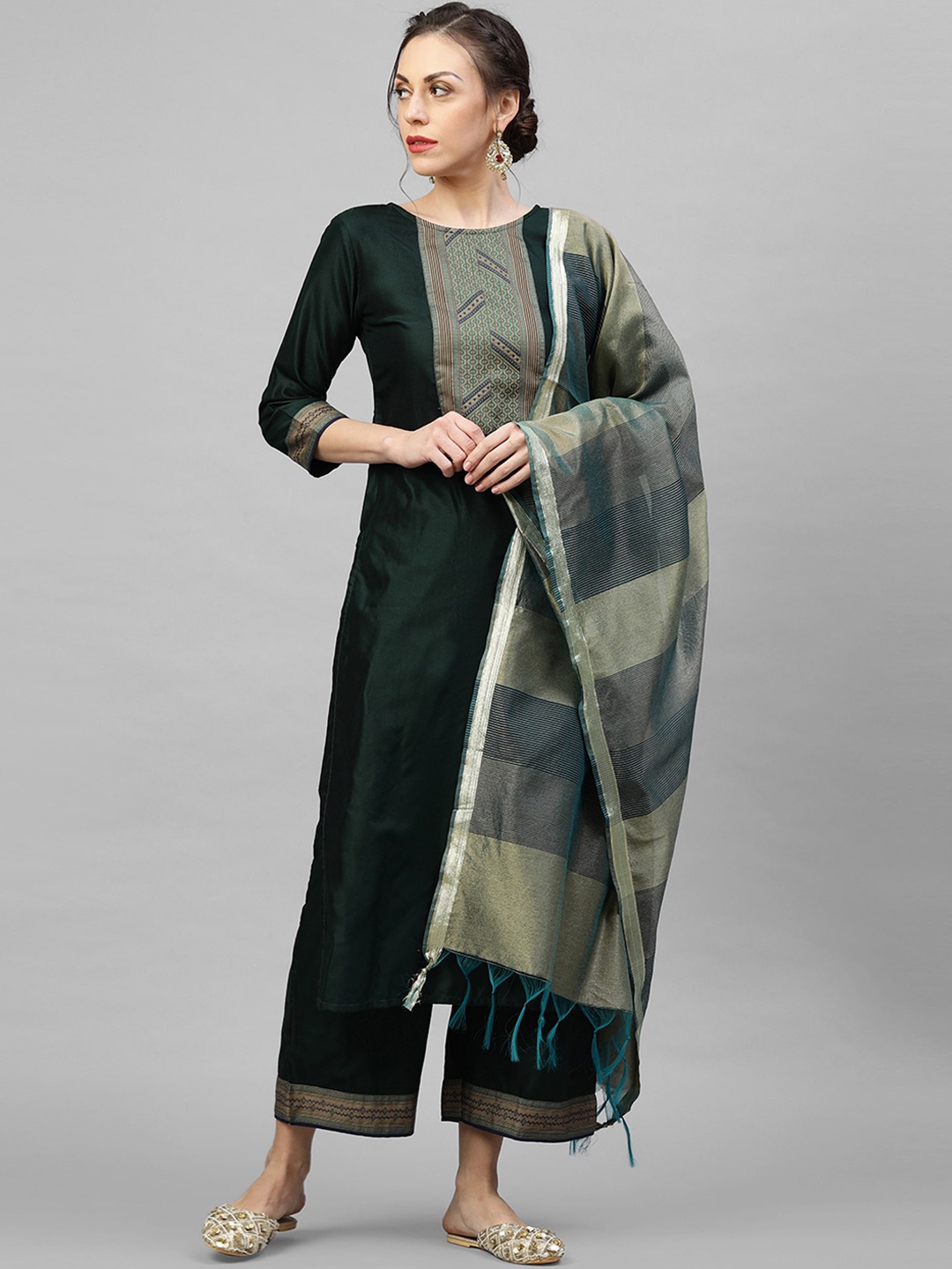 Indo Era Women Green Yoke Design Kurta with Palazzos & Dupatta