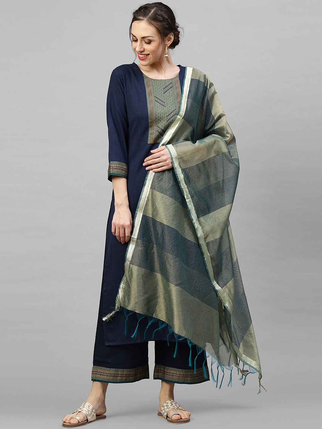 

Indo Era Women Navy Blue & Gold-Toned Woven Design Kurta with Palazzos & Dupatta