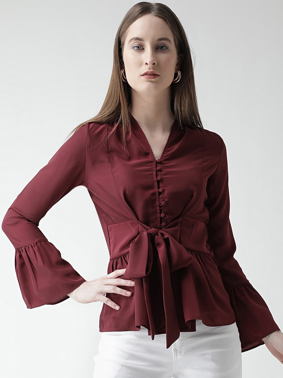 

KASSUALLY Maroon Bell Sleeves Satin Cinched Waist Top