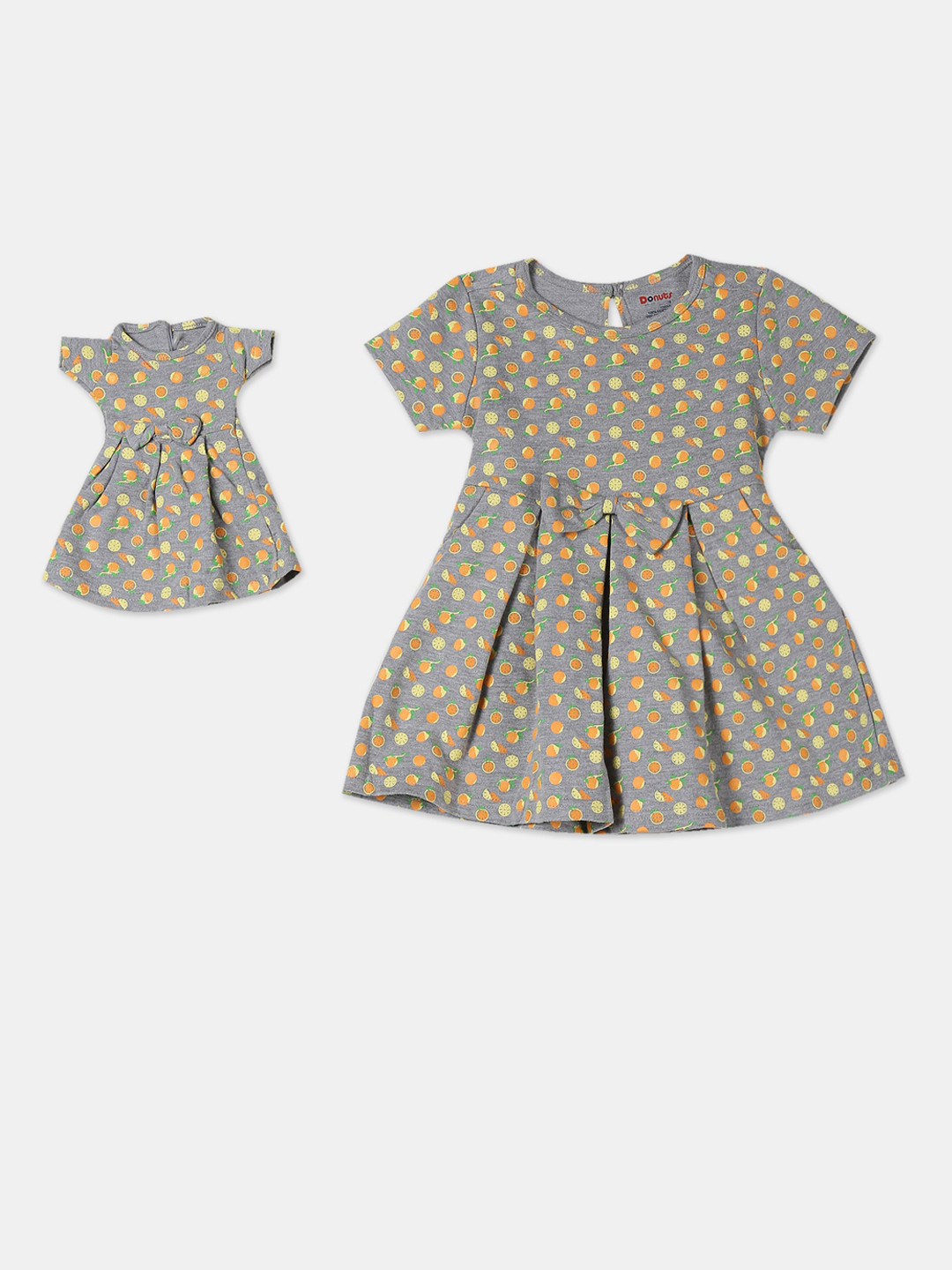 

Donuts Girls Grey & Peach-Coloured Pure Cotton Printed A-Line Dress with Doll Dress