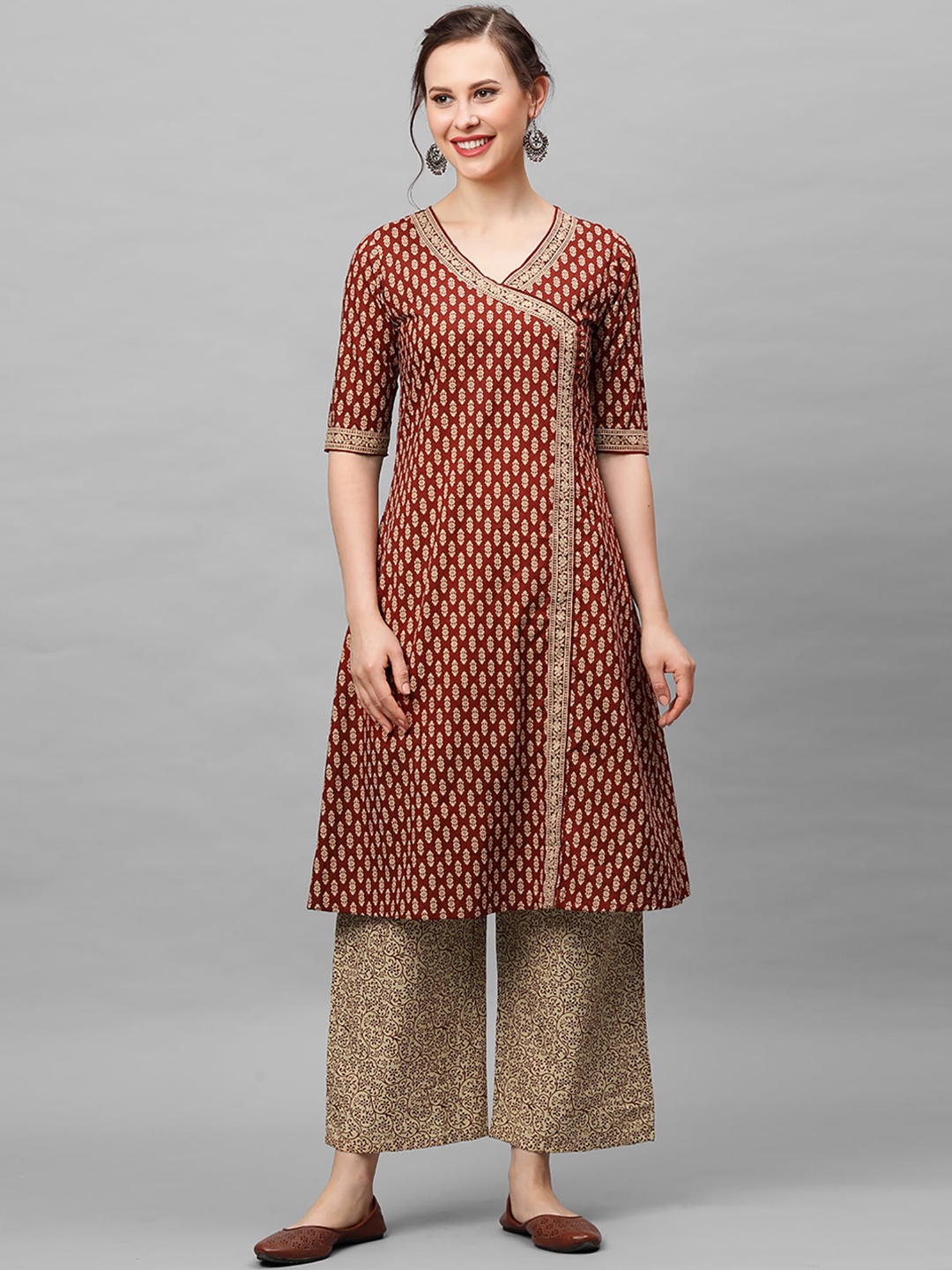 

Indo Era Women Maroon Floral Printed Anghrakha Style A-Line Kurta with Palazzo Set
