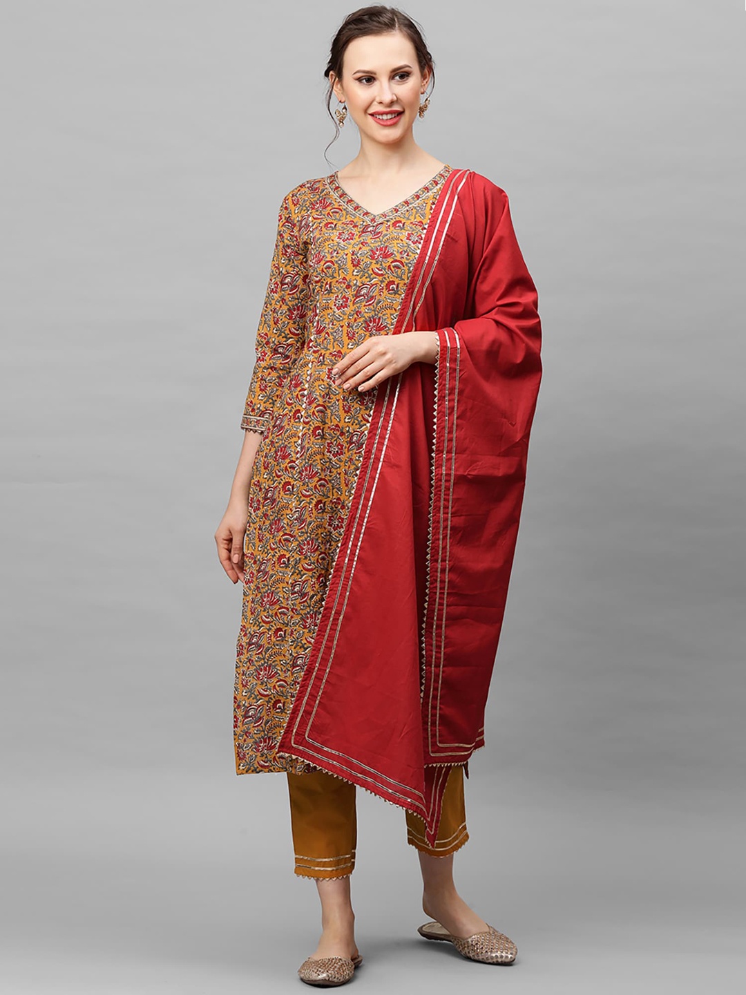 

Indo Era Women Mustard Yellow & Red Printed Kurta with Trousers & Dupatta