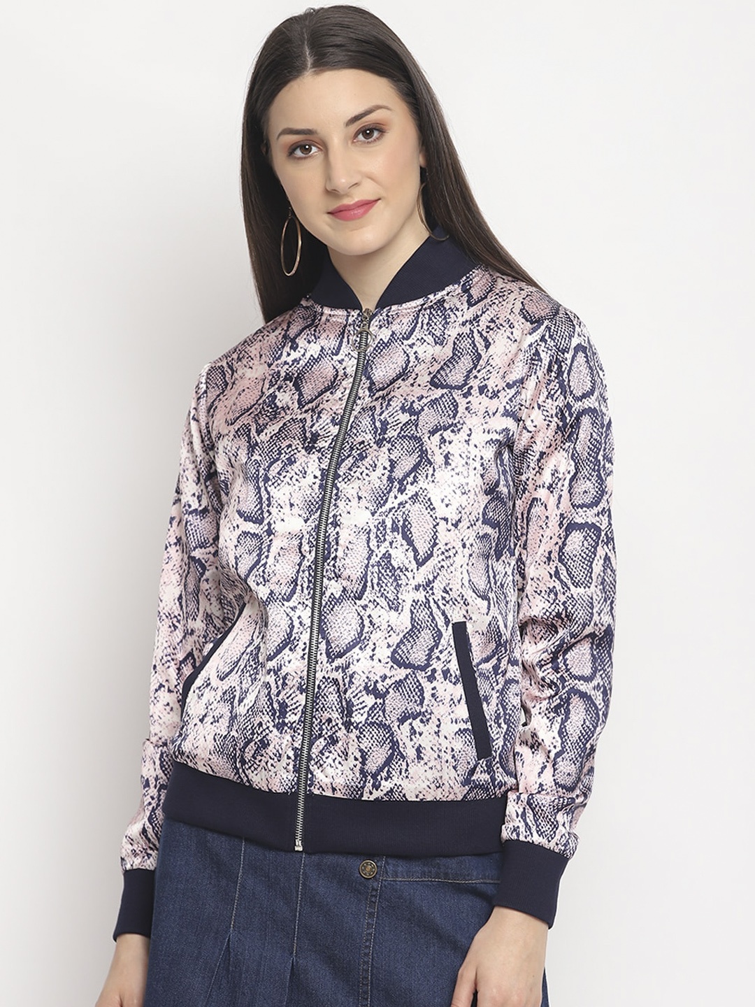 

OTORVA Women Satin Pink Navy Blue Snake Printed Windcheater Bomber Jacket