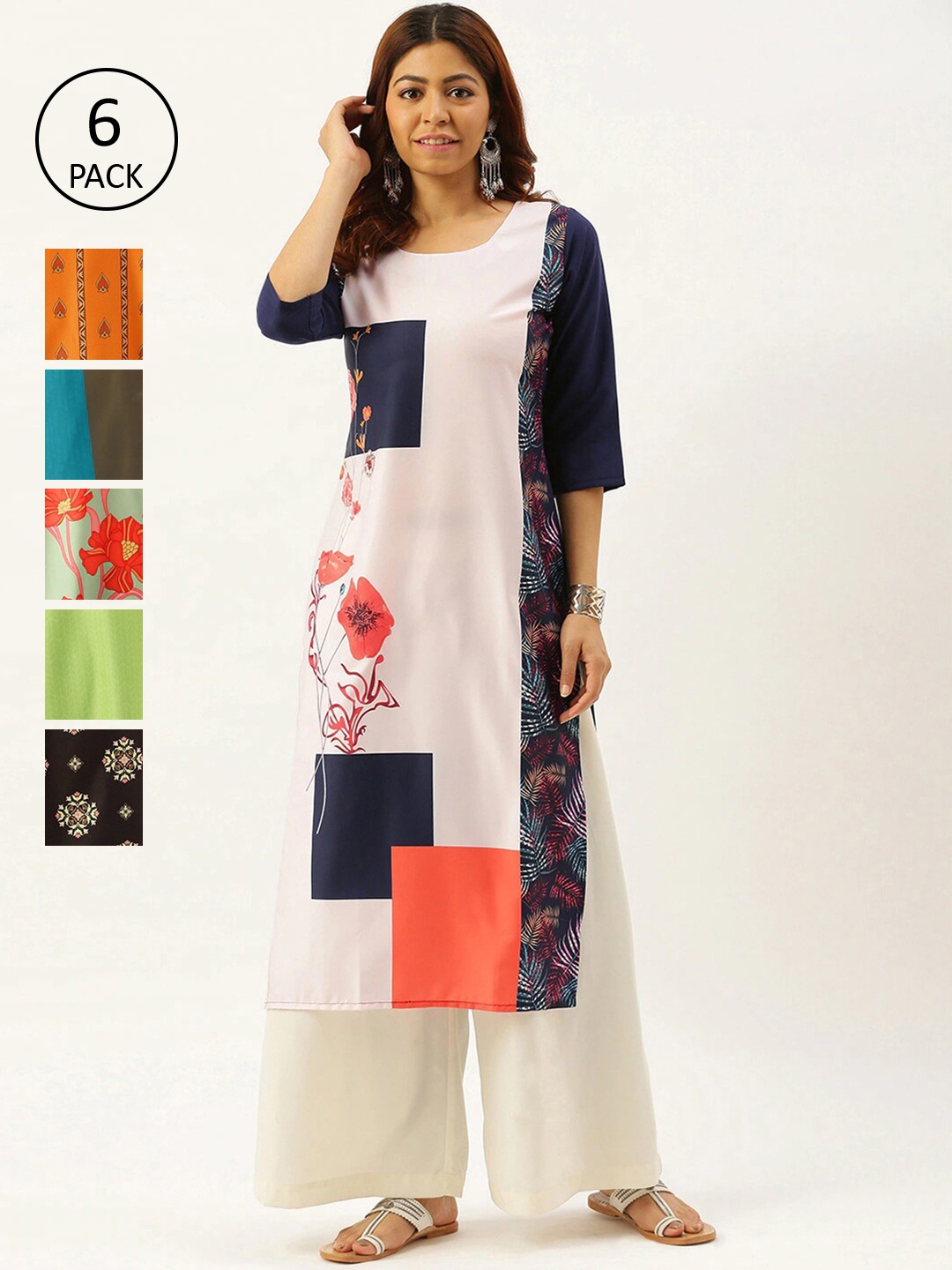 

7Threads Women Multicoloured Set of 6 Floral Printed Crepe Kurta, Multi