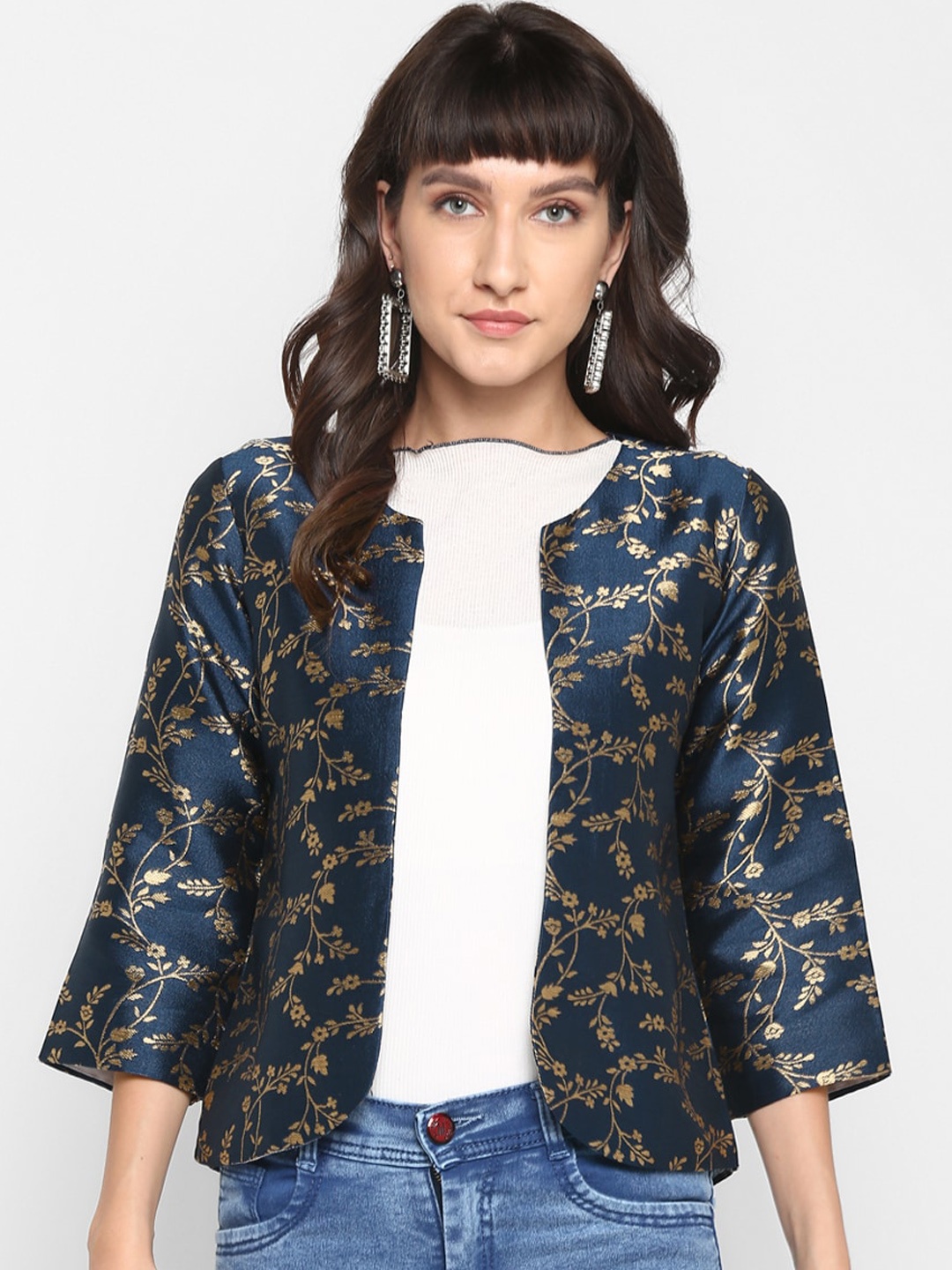 

Hangup Women Navy Blue Self Design Lightweight Jacquard Open Front Jacket