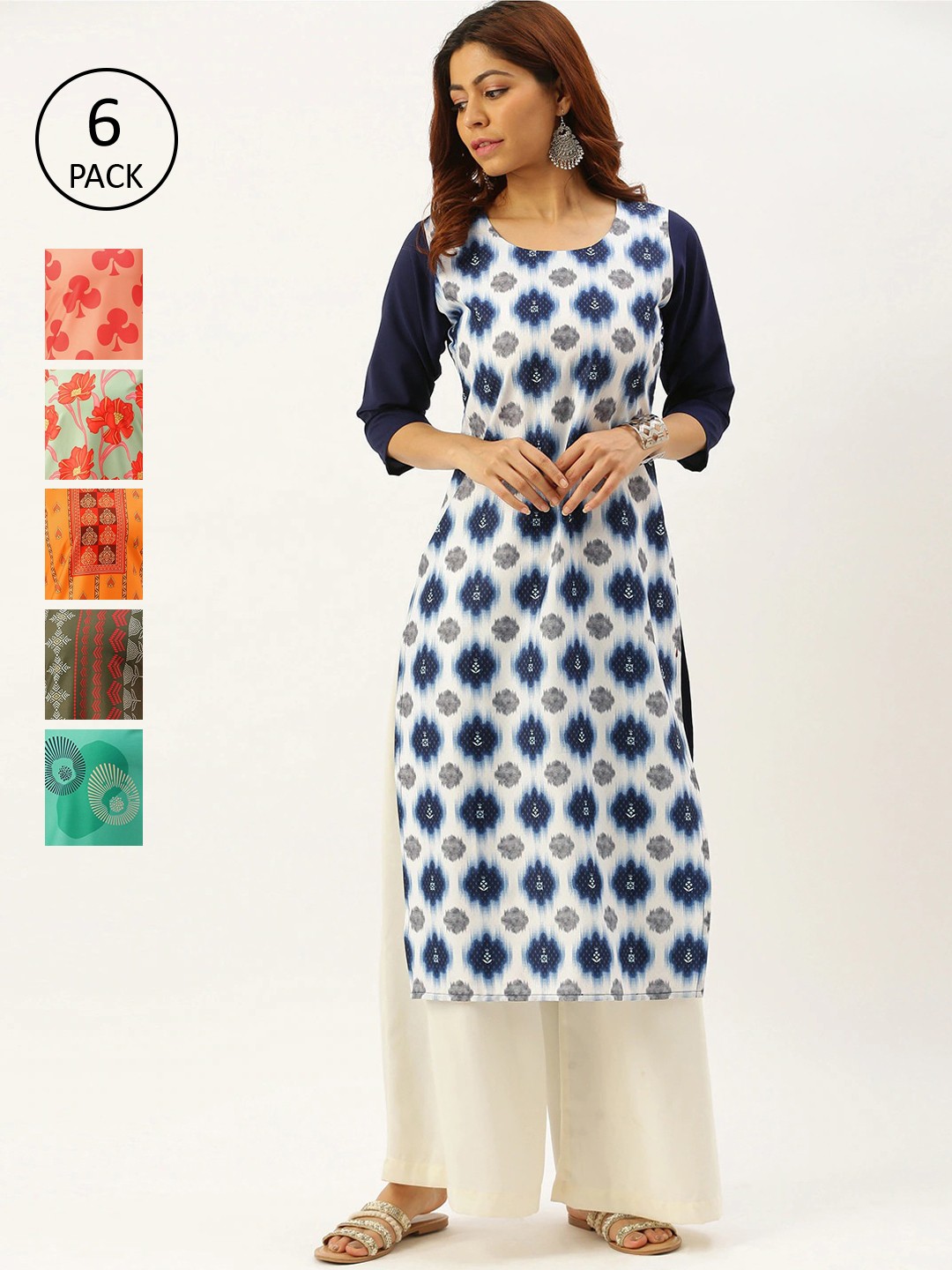 

7Threads Women Multicoloured Set of 6 Floral Printed Crepe Kurta, Multi