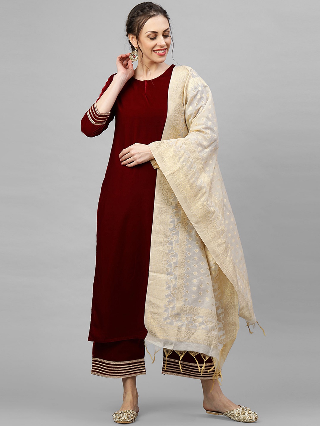 

Indo Era Women Maroon Solid Velvet Kurta with Palazzos & Dupatta