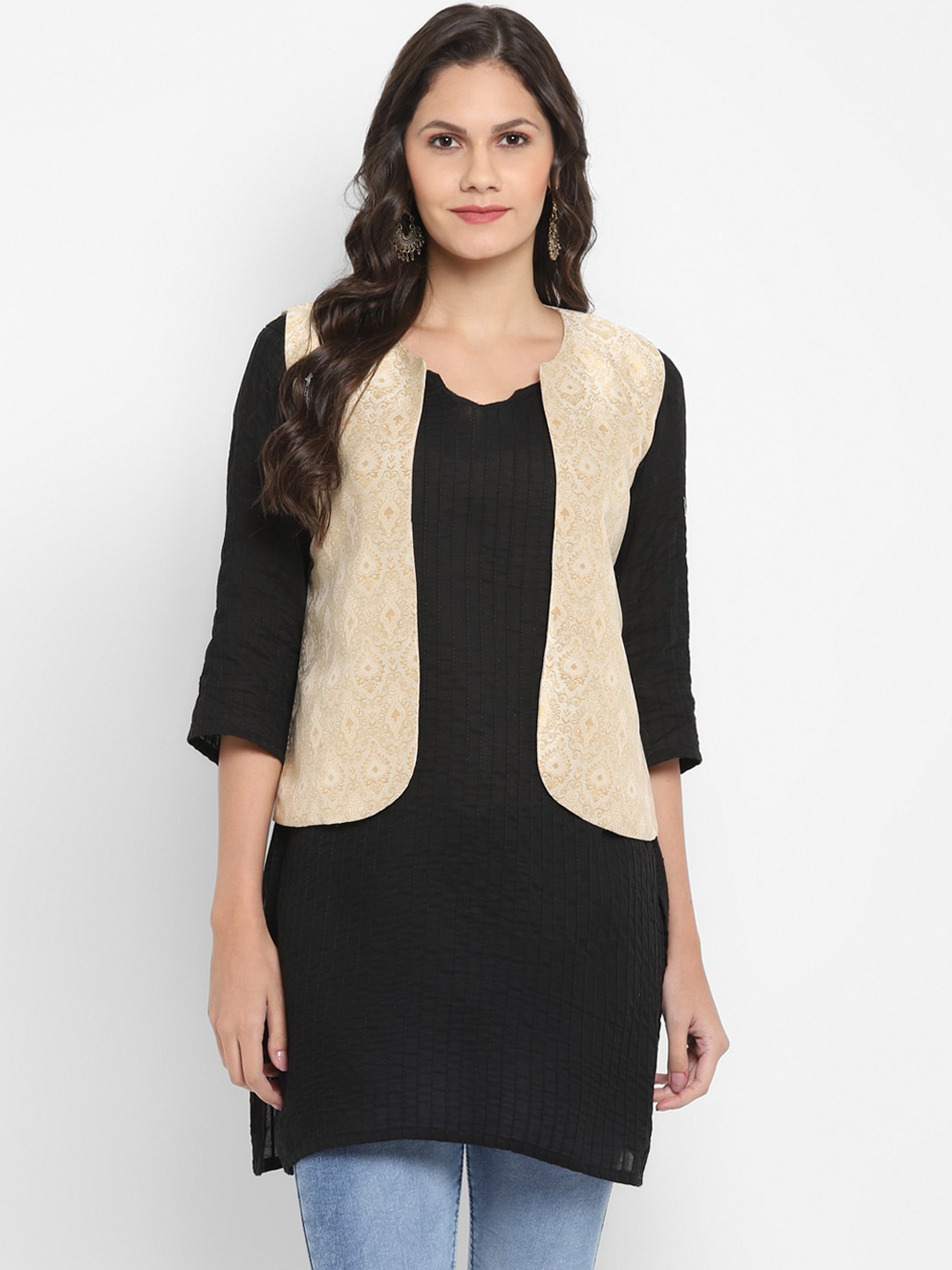 Hangup Women Beige Self Design Lightweight Jacquard Open Front Jacket