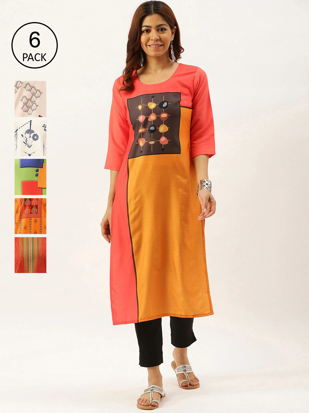 

7Threads Women Set Of 6 Geometric Printed Crepe Kurta, Yellow