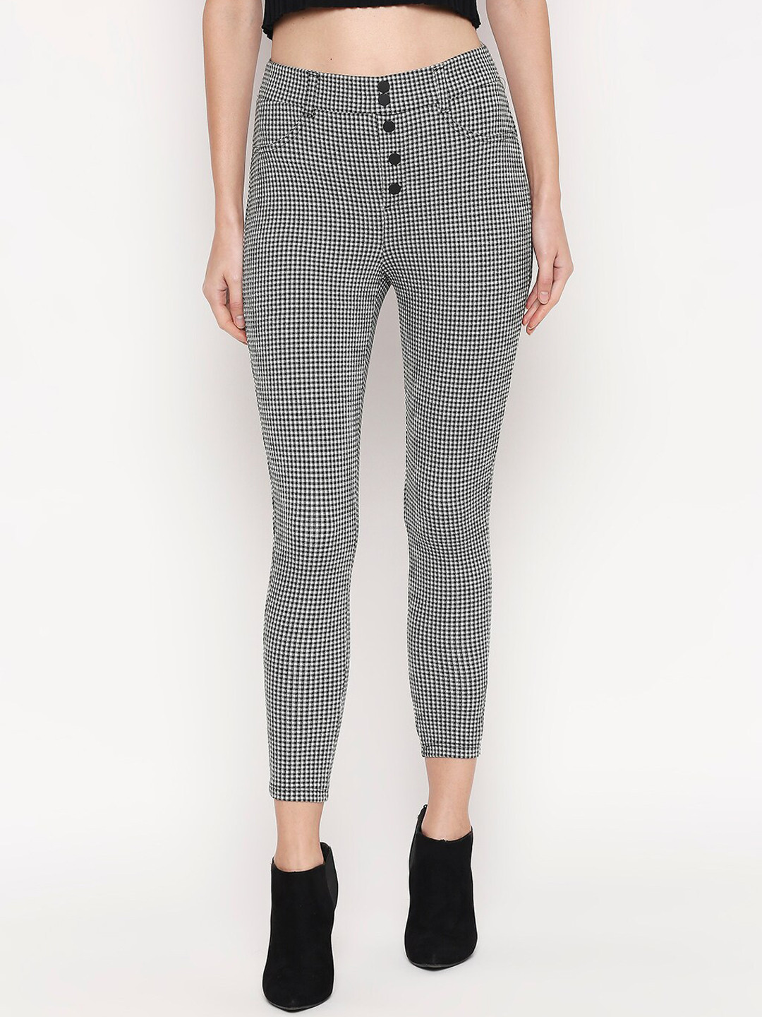 

People Women Black & White Checked Skinny-Fit Treggings