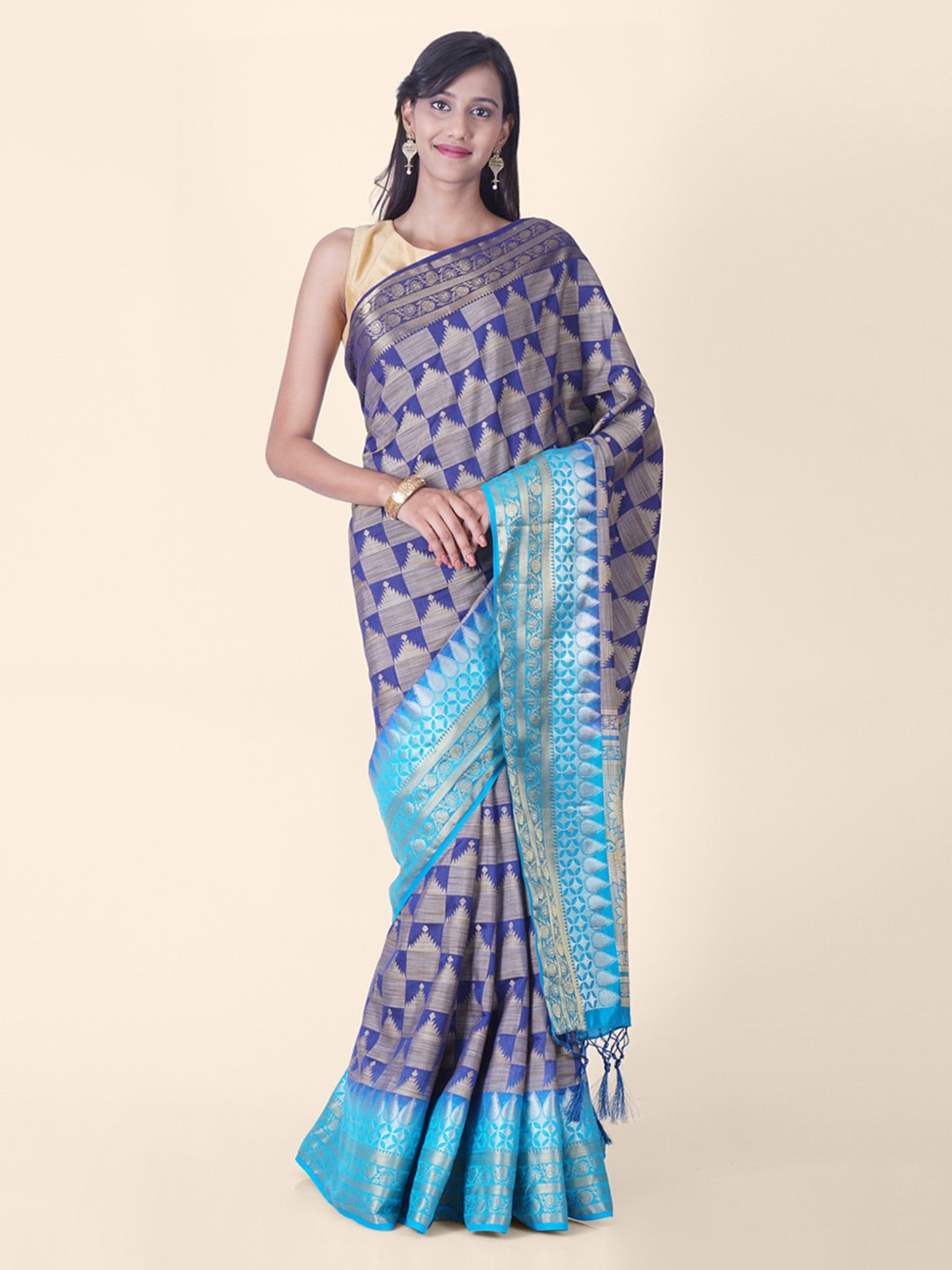 

Hastakala Navy Blue Poly Silk Woven Design Banarasi Saree