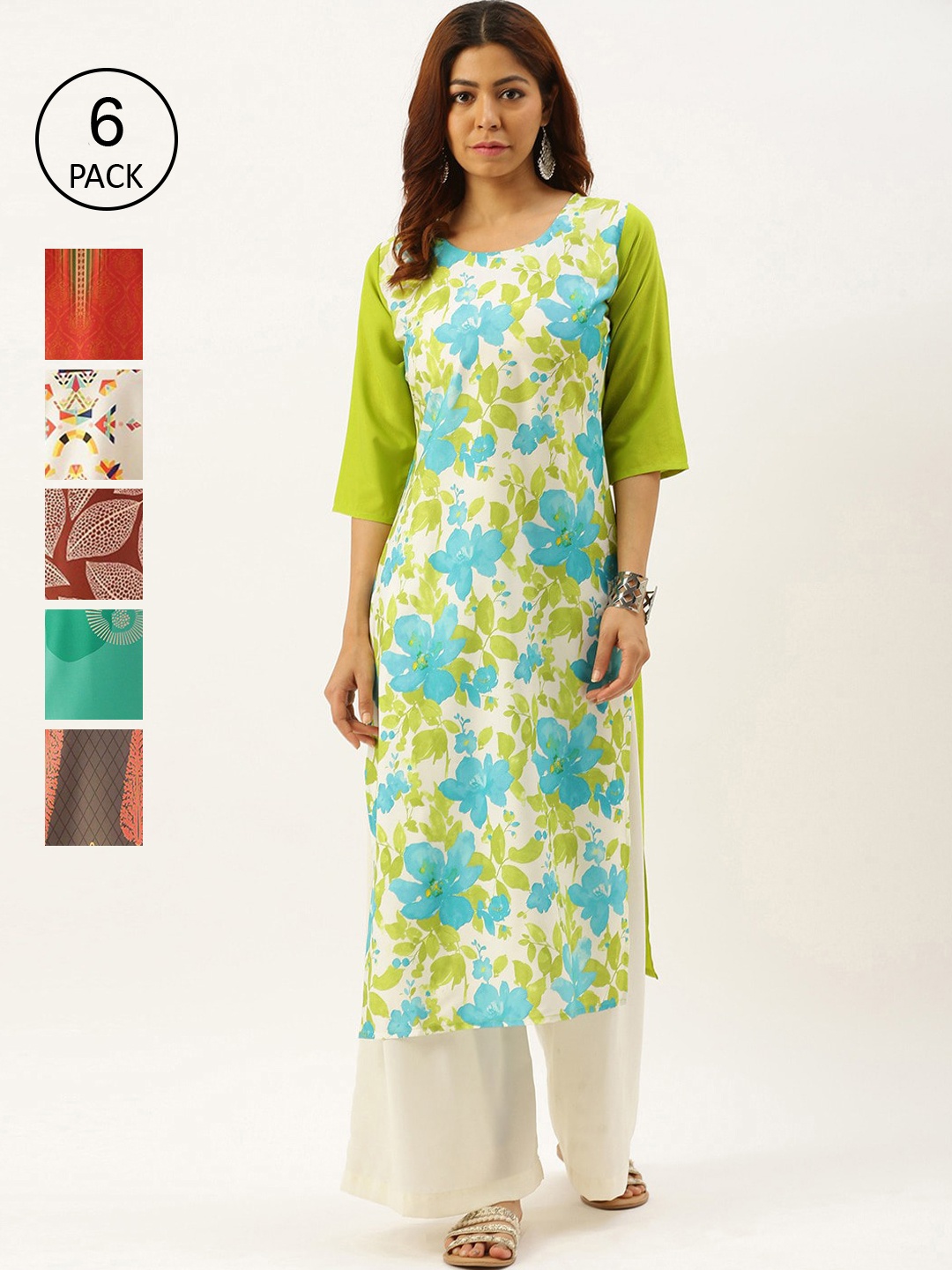 

7Threads Women Multicoloured Set of 6 Printed Crepe Kurta, Multi