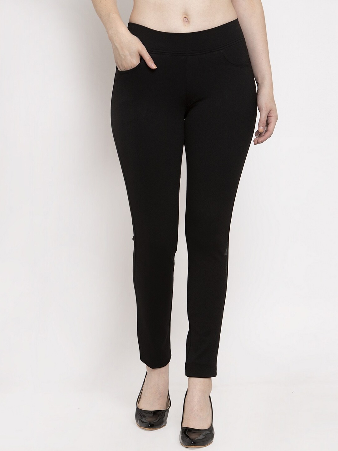 

Prag & Co Women Black Solid Cotton Treggings