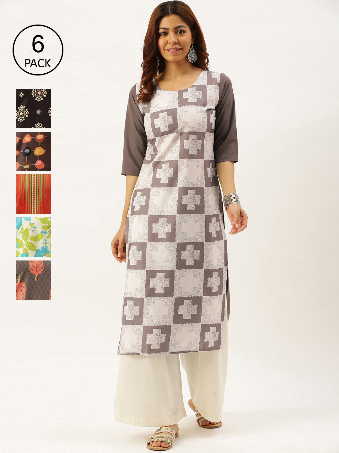 

7Threads Women Pack Of 6 Ethnic Motifs Printed Crepe Kurta, Multi