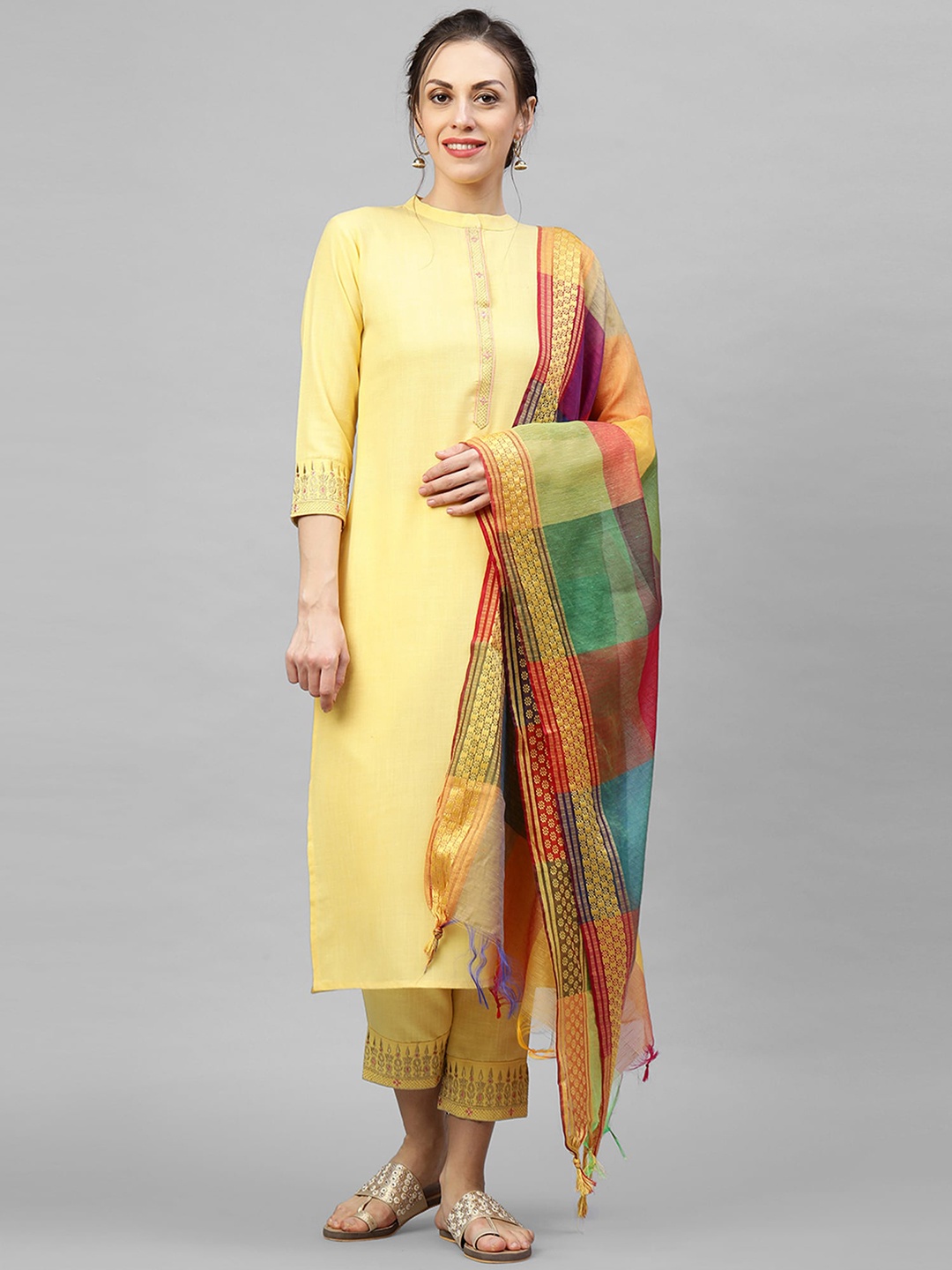 

Indo Era Women Yellow Woven Design Pure Cotton Kurta with Trousers & Dupatta
