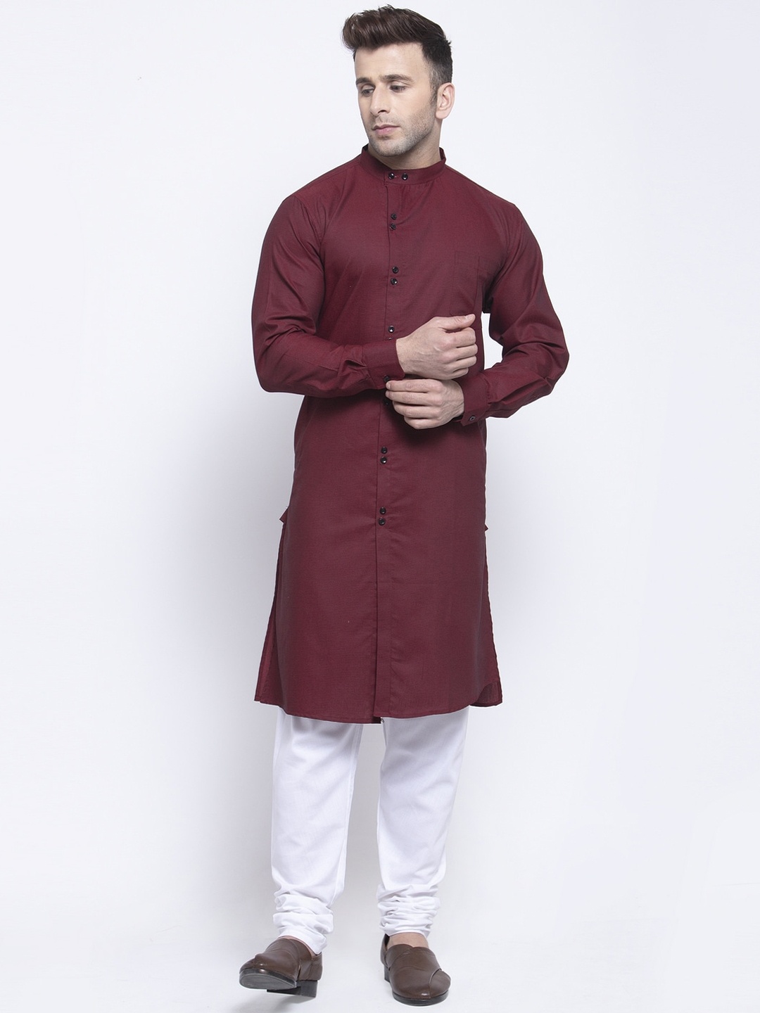 

KLOTTHE Men Maroon & White Solid Pure Cotton Kurta with Churidar Pyjamas