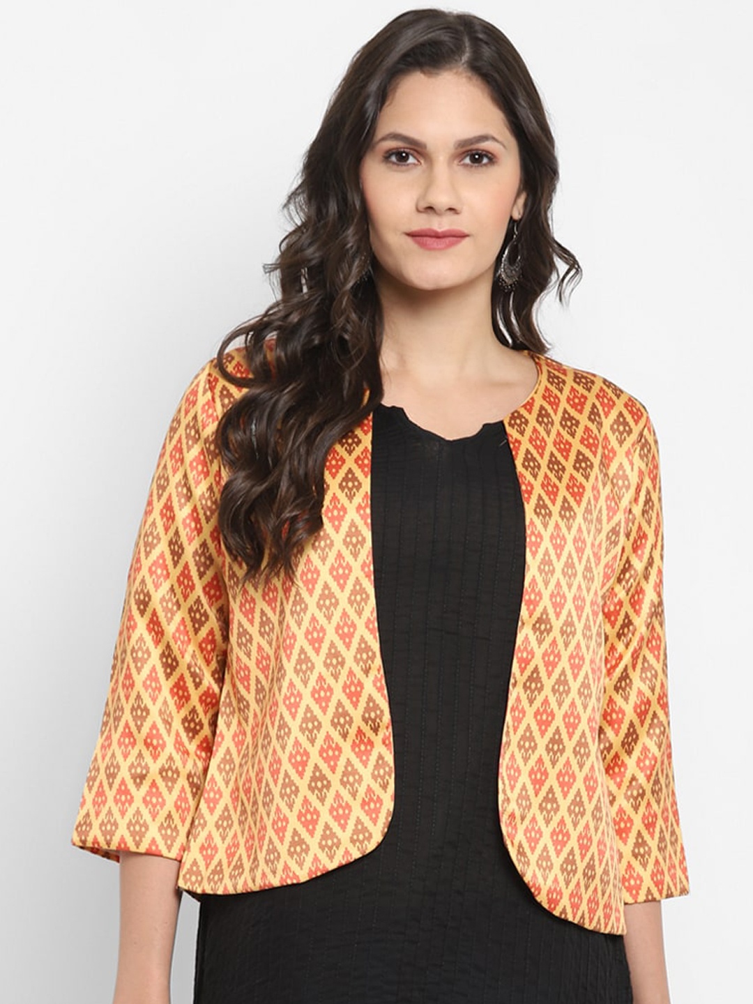 

Hangup Women Mustard Yellow & Red Printed Lightweight Jacquard Open Front Jacket