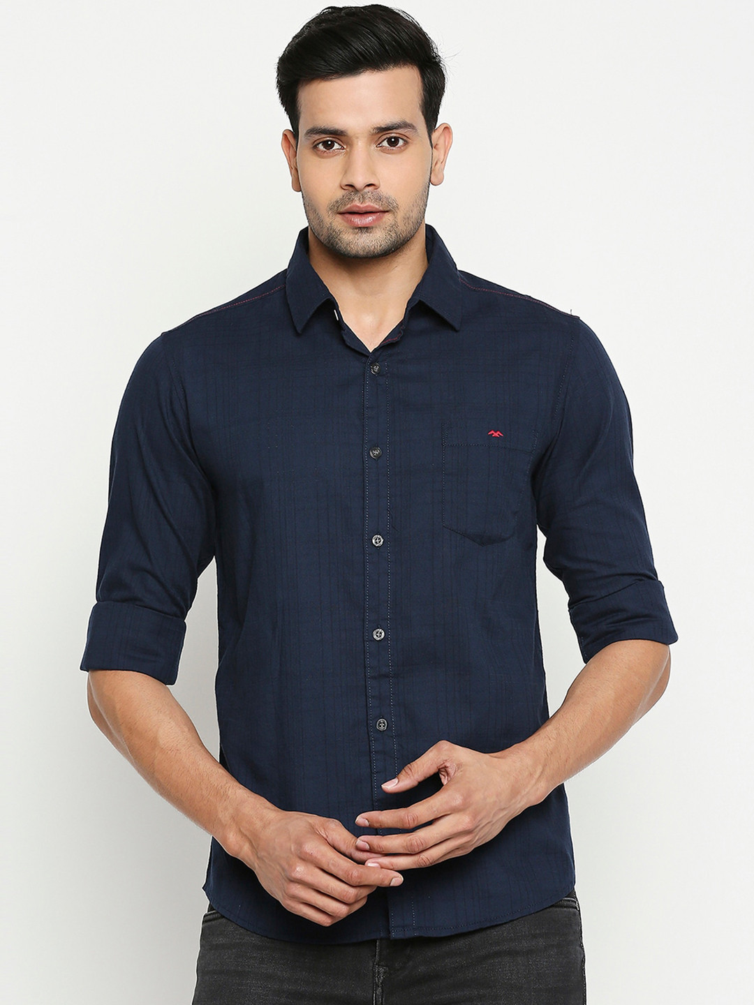 

Mufti Men Navy Blue Slim Fit Checked Casual Shirt