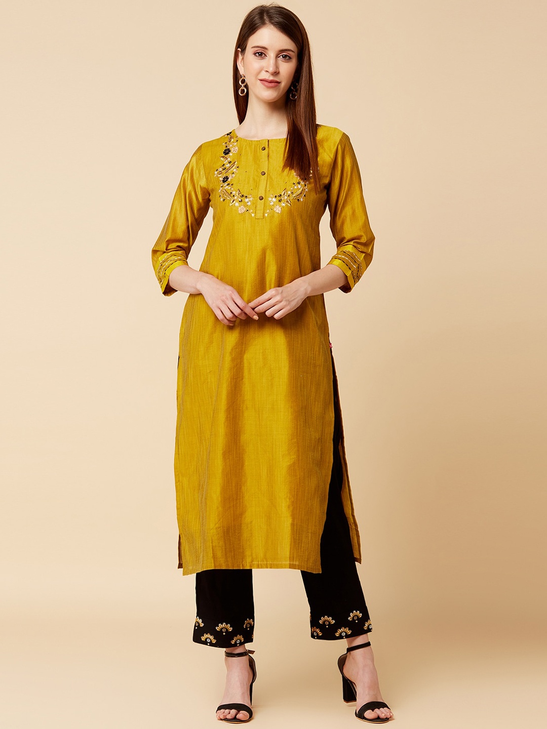 

Varanga Women Mustard & Black Yoke Design Kurta with Trousers