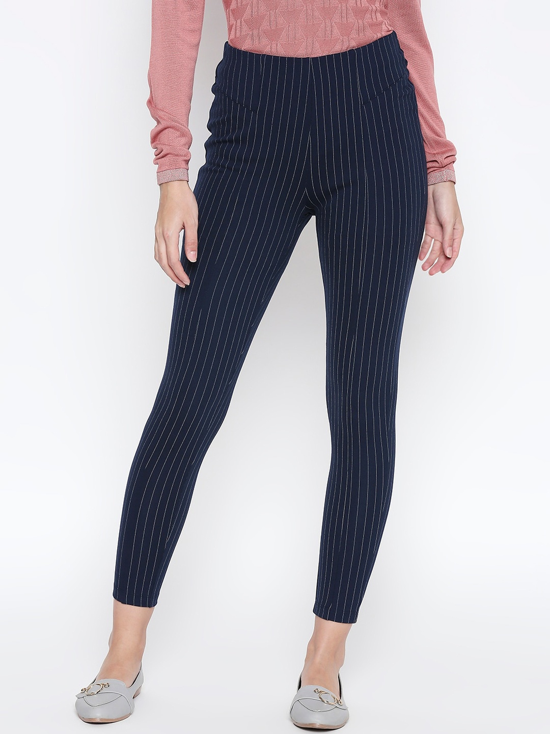 

People Women Navy Blue & Grey Striped Skinny-Fit Treggings