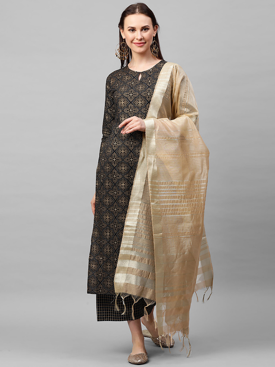 

Indo Era Women Black Foil Printed Straight Kurta with Palazzo Dupatta Set