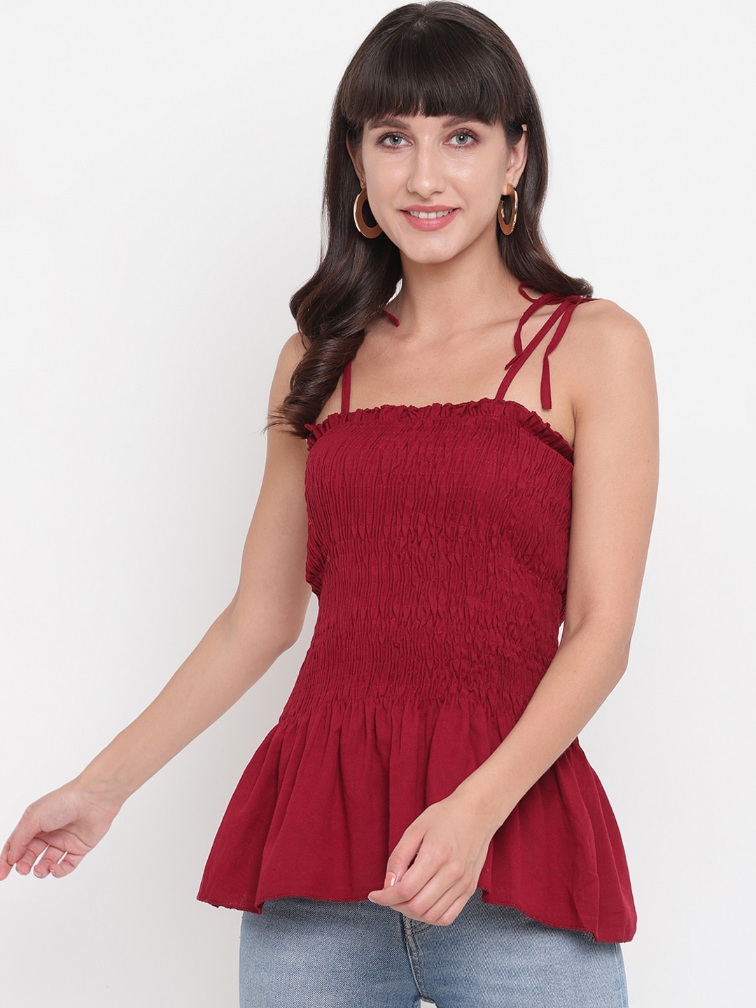 

Aawari Maroon Smocked Peplum Top