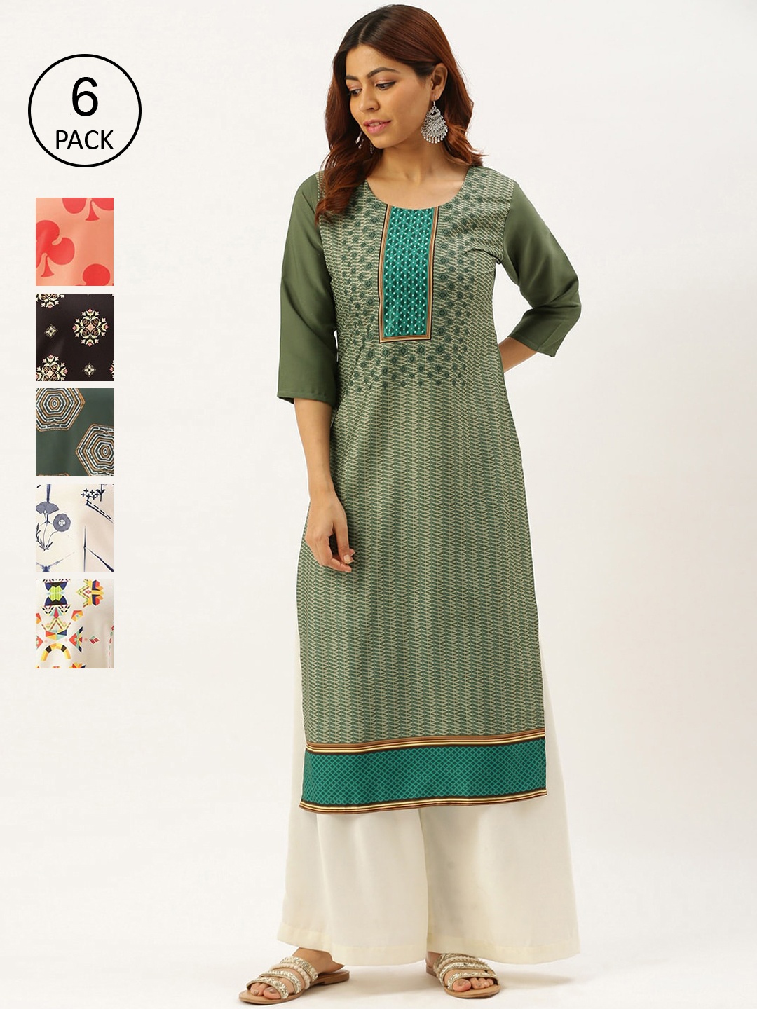 

7Threads Women Pack Of 6 Ethnic Motifs Printed Crepe Kurta, Multi