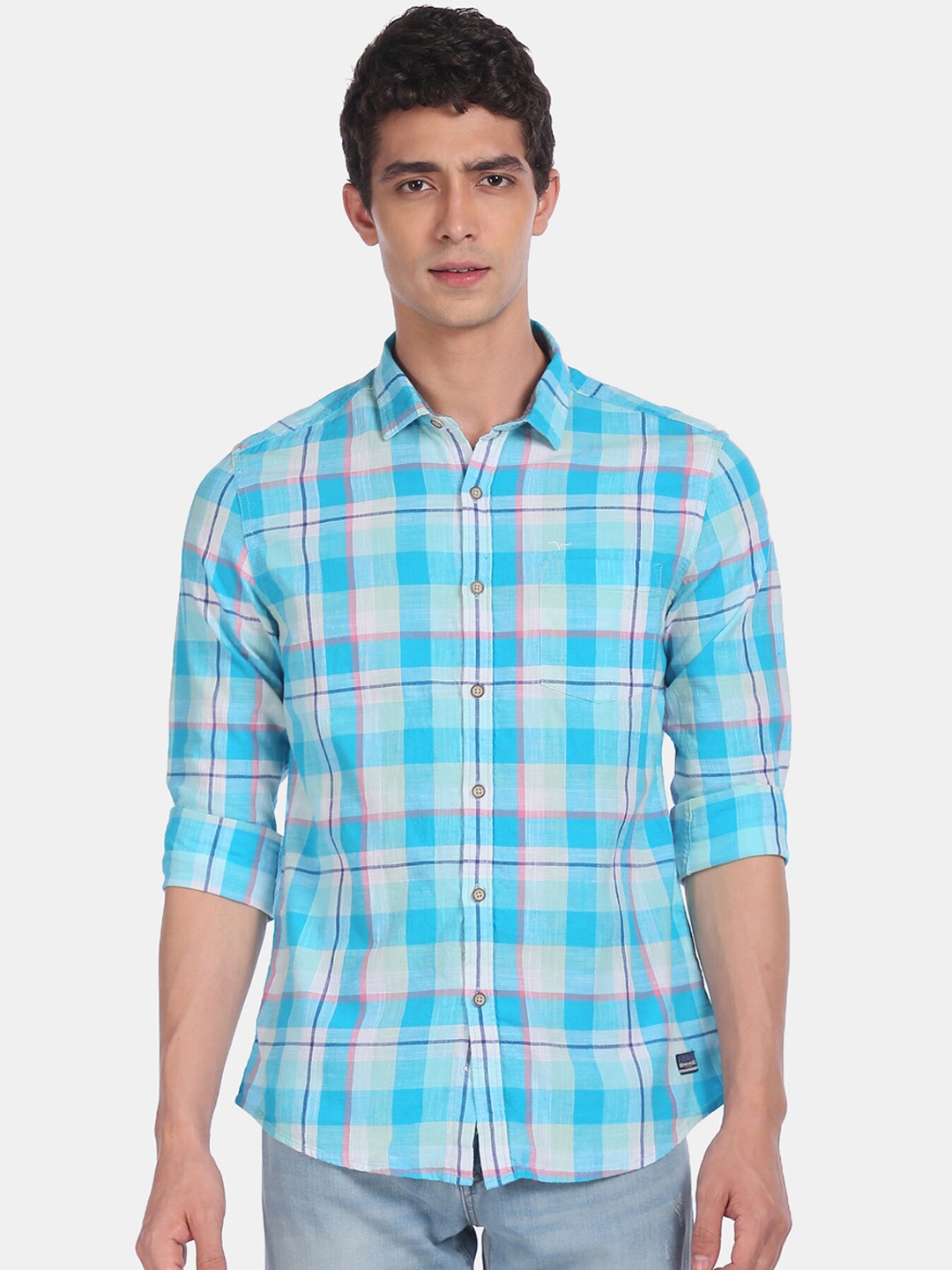 

Flying Machine Men Blue & White Regular Fit Checked Casual Shirt