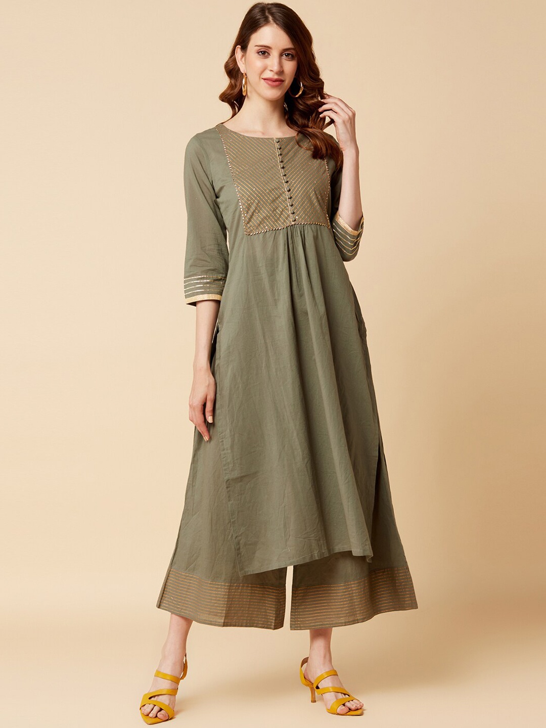 

Varanga Women Olive Green Yoke Design Kurta with Palazzos