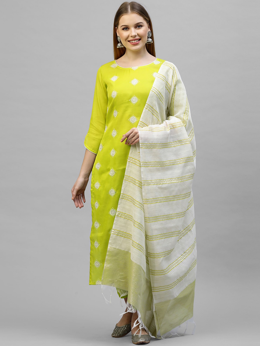 

Indo Era Women Yellow & White Embroidered Kurta with Trousers & Dupatta
