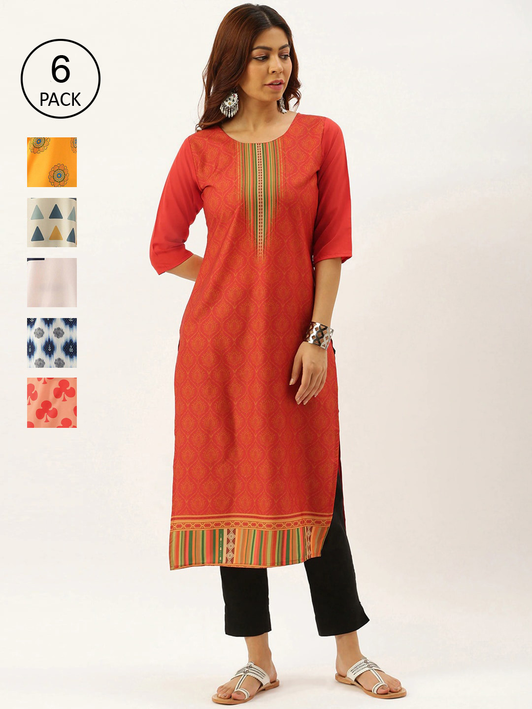 

7Threads Women Pack of 6 Multicoloured Ethnic Motifs Printed Crepe Kurta, Multi