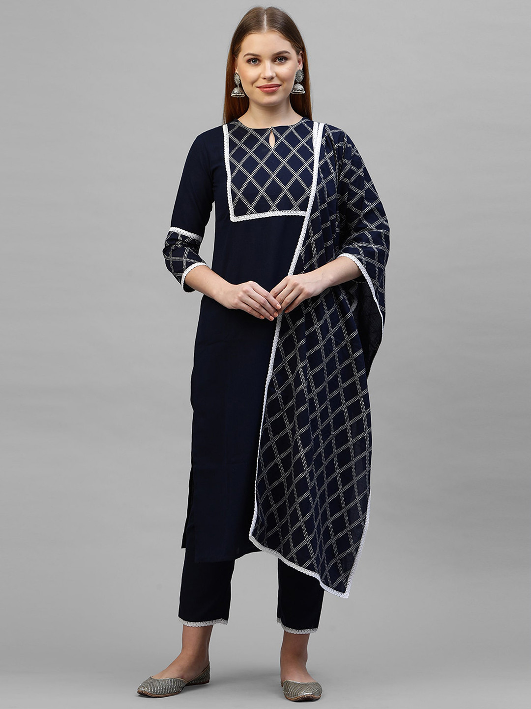 

Indo Era Women Navy Blue Solid Kurta with Trousers & Dupatta