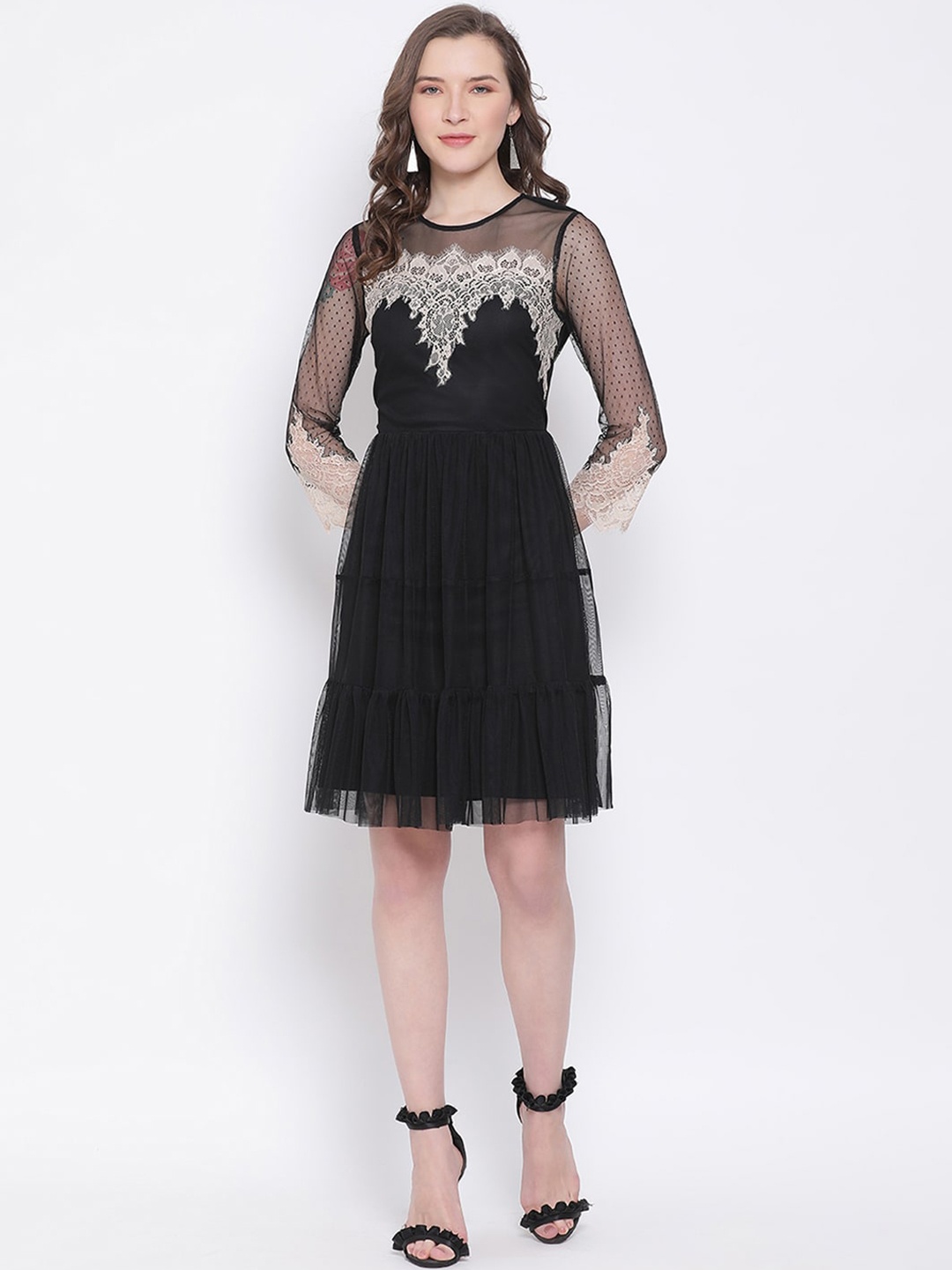 

LY2 Women Black Solid A-Line Dress With Lace Inserts