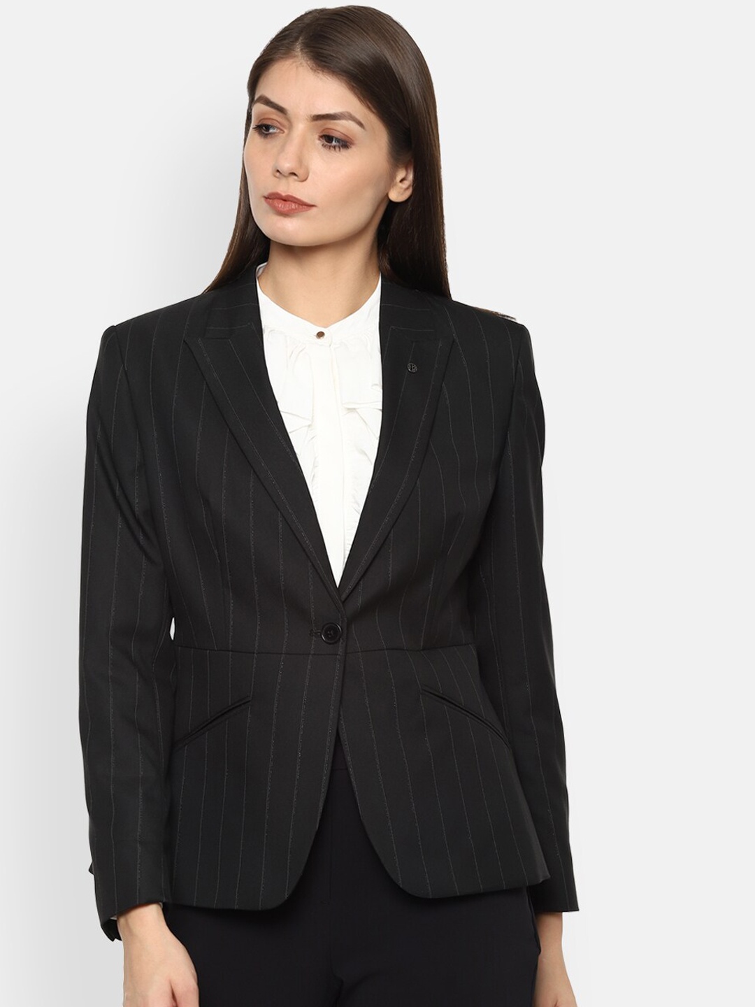 

Van Heusen Woman Women Black & White Striped Single-Breasted Formal Blazer