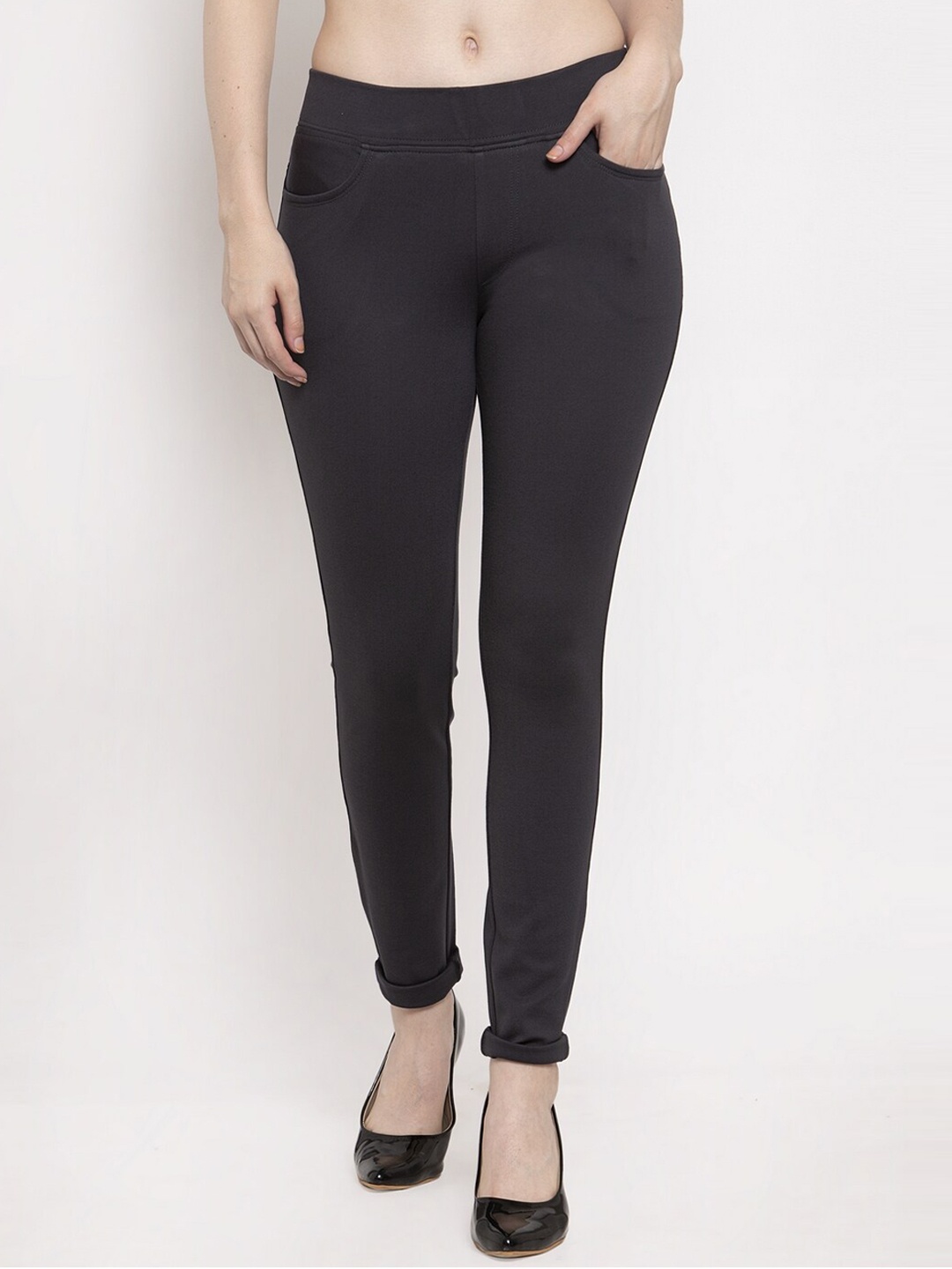 

Prag & Co Women Charcoal Grey Solid Treggings